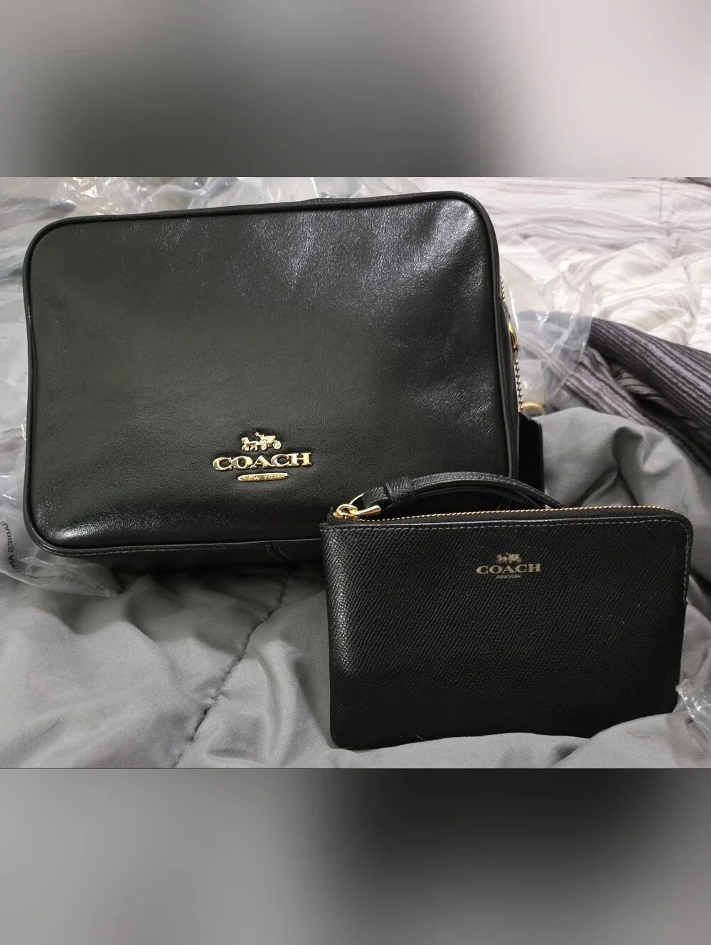 COACH Carey Black Leather Crossbody Bag with Wristlet